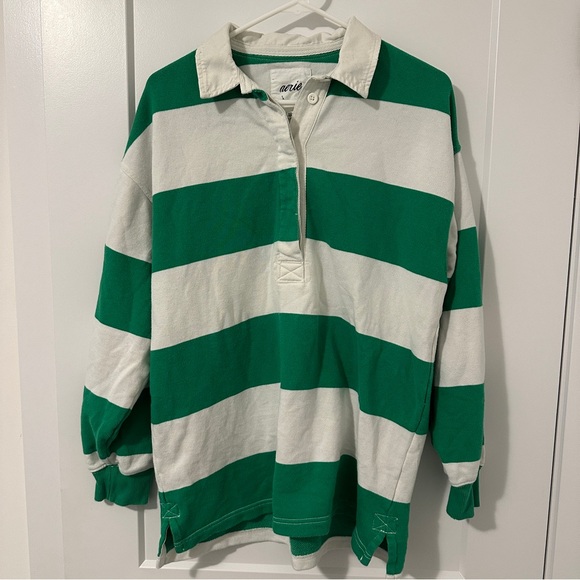 aerie Tops - Aerie Green White Stripe Prep Rally Rugby Sweatshirt Oversized Size XS Women’s